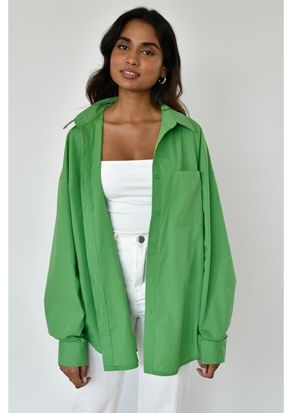 Yeşil Oversize Basic Cepli Poplin Gömlek MG1530