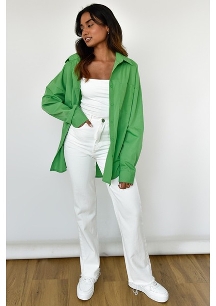 Yeşil Oversize Basic Cepli Poplin Gömlek MG1530