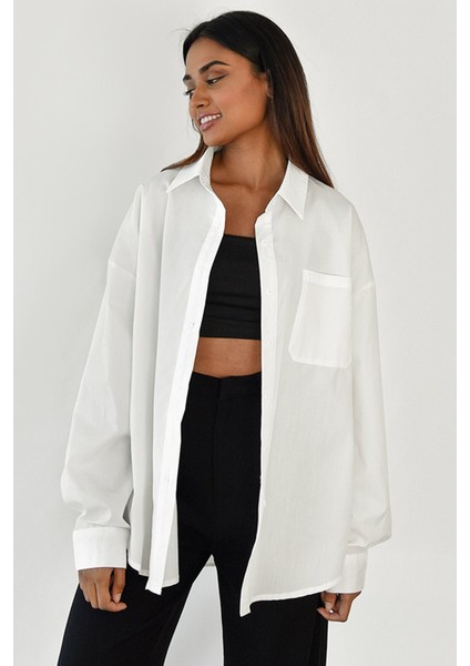 Beyaz Oversize Basic Cepli Poplin Gömlek MG1530