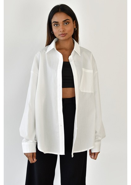 Beyaz Oversize Basic Cepli Poplin Gömlek MG1530 fiyatları