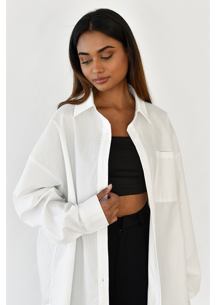 Beyaz Oversize Basic Cepli Poplin Gömlek MG1530 fırsatları
