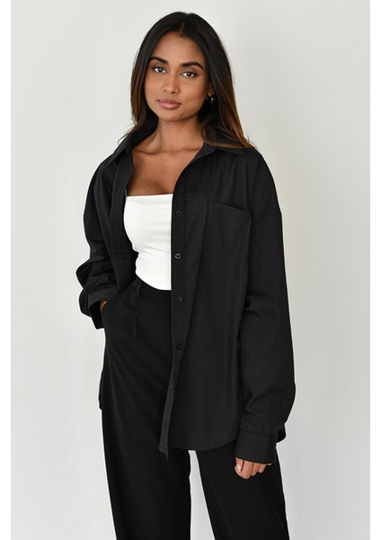 Siyah Oversize Basic Cepli Poplin Gömlek MG1530