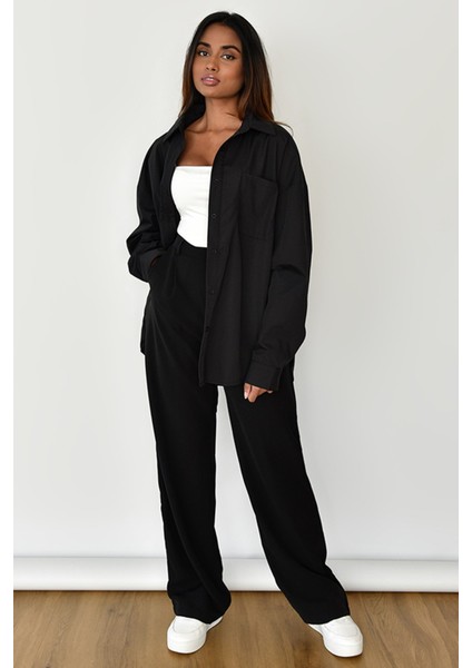 Siyah Oversize Basic Cepli Poplin Gömlek MG1530