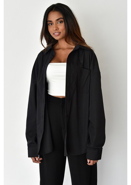 Siyah Oversize Basic Cepli Poplin Gömlek MG1530