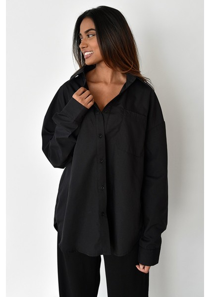 Siyah Oversize Basic Cepli Poplin Gömlek MG1530