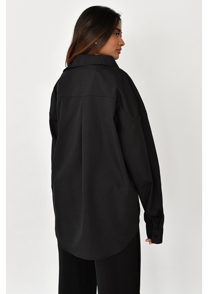 Siyah Oversize Basic Cepli Poplin Gömlek MG1530
