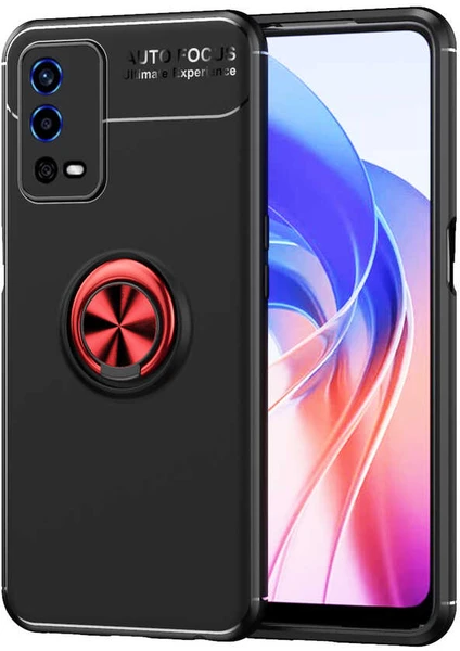 Case 4u Oppo A55 4g Kılıf Autofocus Shockprof Ravel Yüzüklü Standlı Slikon Kapak Siyah Kırmızı