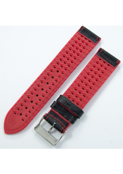 Bizon Siyah Deri Saat Kordonu 22MM Spor Kırmızı Silikon Koku Yapm
