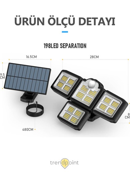 Solar Güneş Enerjili 198 Ledli Kumandalı Hareket Sensörlü Bahçe Aydınlatma Sokak Lambası