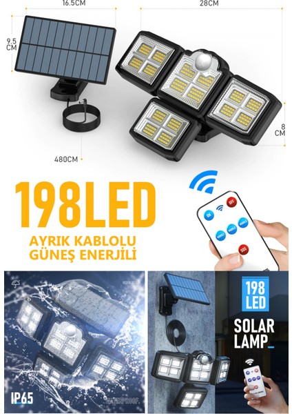 Solar Güneş Enerjili 198 Ledli Kumandalı Hareket Sensörlü Bahçe Aydınlatma Sokak Lambası