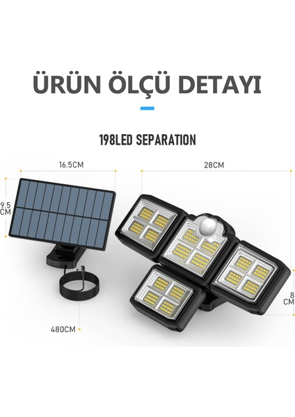 Solar Güneş Enerjili 198 Ledli Kumandalı Hareket Sensörlü Bahçe Aydınlatma Sokak Lambası