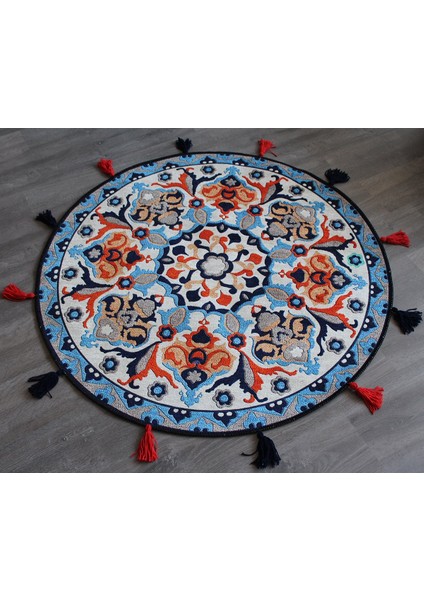 Suzani Blue 601 Etnik ve Çini Desen Yuvarlak Püsküllü Halı modelleri