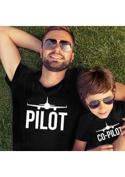 Pilot/co-Pilot Baba Çocuk T-Shirt Aile Kombin - Siyah