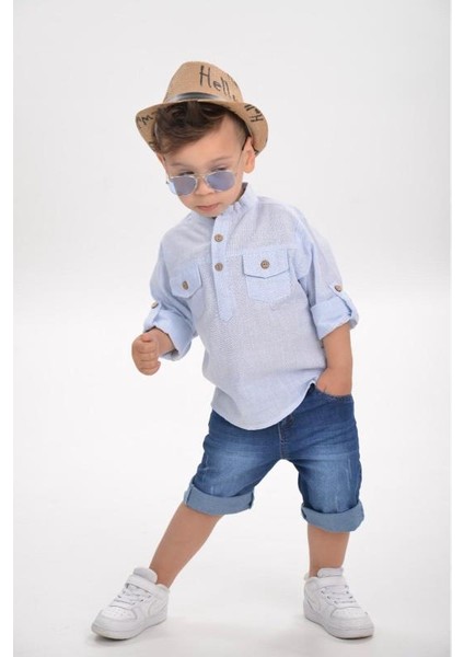 Hasır Şapkalı Keten Gömlekli Kot Kaprili Erkek Çocuk Kot Kombin - Mavi fiyatları