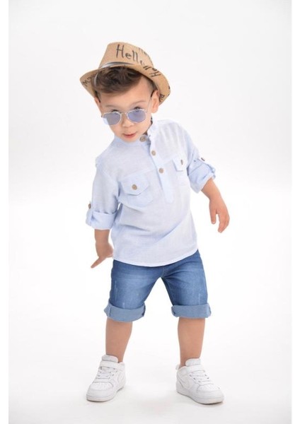 Hasır Şapkalı Keten Gömlekli Kot Kaprili Erkek Çocuk Kot Kombin - Mavi modelleri
