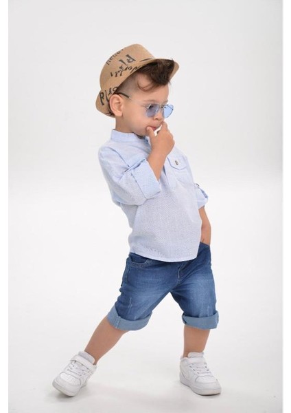 Hasır Şapkalı Keten Gömlekli Kot Kaprili Erkek Çocuk Kot Kombin - Mavi fırsatları