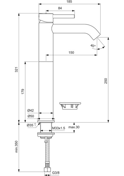 Ideal Standart Ceraline Yüksek Lavabo Bataryası Mat Siyah Sifon Kumandasız-5 L/dk - BC269XG