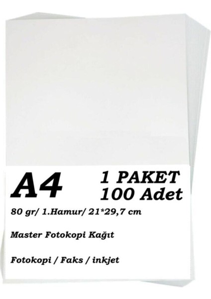 A4 Fotokopi Kağıdı 100'LÜ Paket 80 Gr.