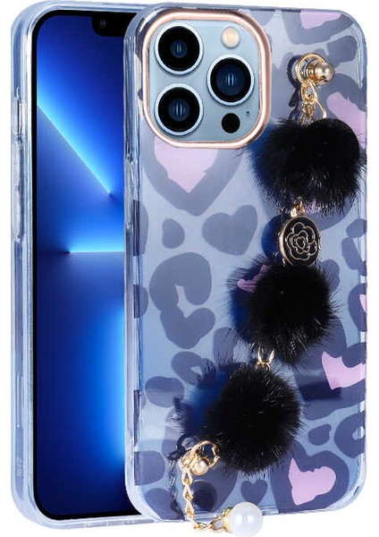 Apple iPhone 13 Pro Kılıf Darbeye Dayanıklı Desenli Ponpon Tüylü Zincirli Silikon Kaos Kapak Siyah