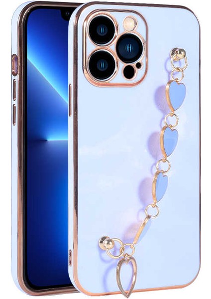 Apple iPhone 13 Pro Max Kılıf Renkli Altın Kenar Kalpli Zincirli Silikon Kalbim Kapak Lila
