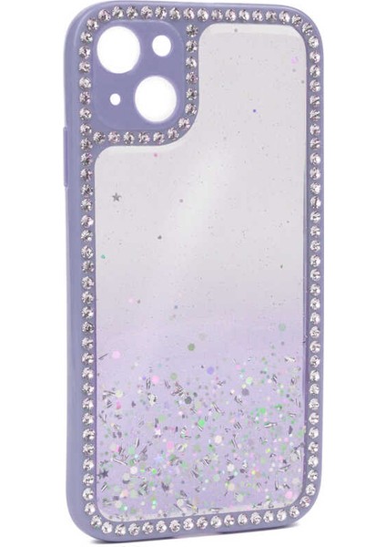 Apple iPhone 13 Kılıf Kamera Korumalı Köşeleri Taşlı Parlak Simli ve Pullu Fensi Kapak Lila
