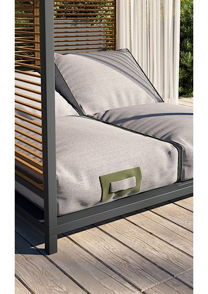 Metal Gövde Kare Havuz Başı Divan Perdeli Çift Kişilik Şezlong Ahşap Detaylı Daybed