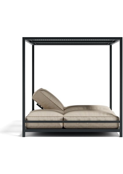 Metal Gövde Kare Havuz Başı Divan Perdeli Çift Kişilik Şezlong Ahşap Detaylı Daybed