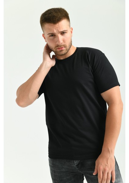 Erkek Likralı Siyah Bisiklet Yaka Kısakollu Tişört