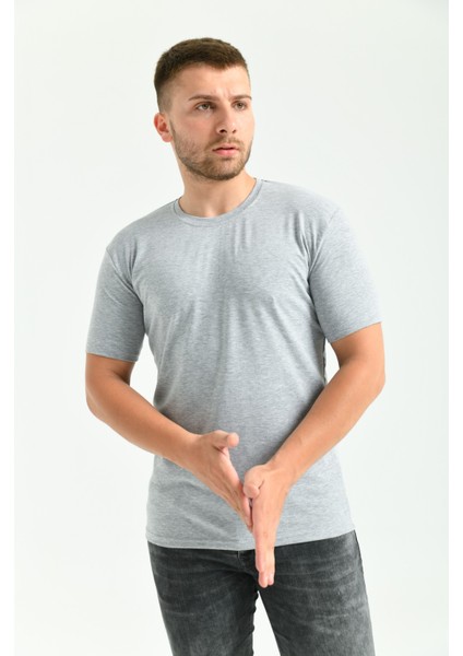 Erkek Likralı Gri Bisiklet Yaka Kısakollu Tişört