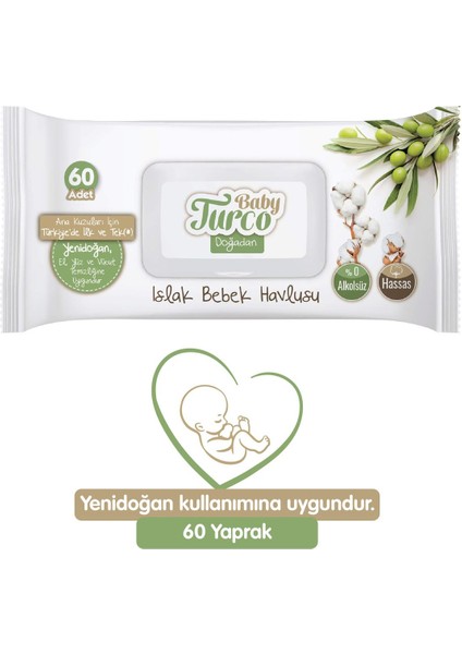 Baby Turco Islak Havlu Mendil Yenidoğan 60 Yaprak Doğadan 36 Lı Set (12PK*3) 2160 Yaprak Pls Kapaklı