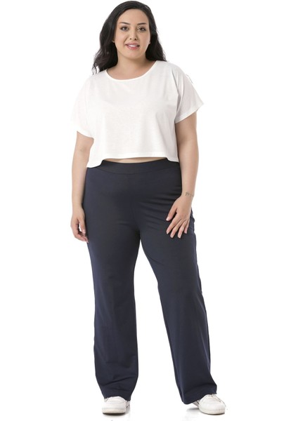 Büyük Beden Beli Lastikli Boru Paça Dalgıç Lacivert Pantolon