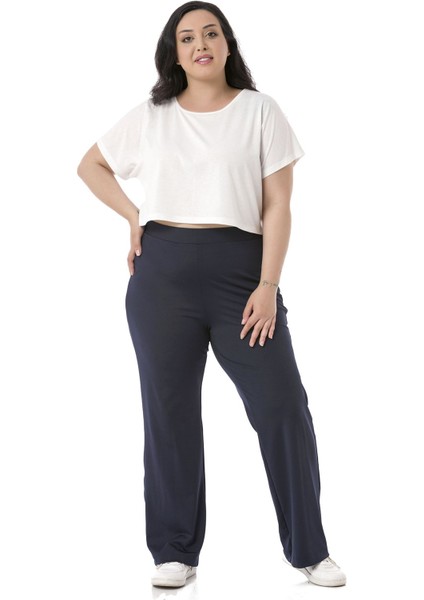 Büyük Beden Beli Lastikli Boru Paça Dalgıç Lacivert Pantolon modelleri