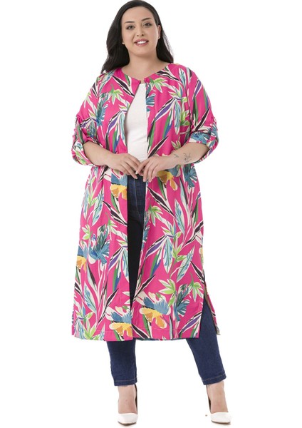 Büyük Beden Yuvarlak Yaka Katlamalı Kollu Yanları Yırtmaçlı Cepli Astarsız Fuşya Kadın Ceket