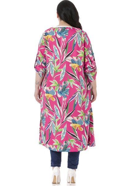 Büyük Beden Yuvarlak Yaka Katlamalı Kollu Yanları Yırtmaçlı Cepli Astarsız Fuşya Kadın Ceket modelleri