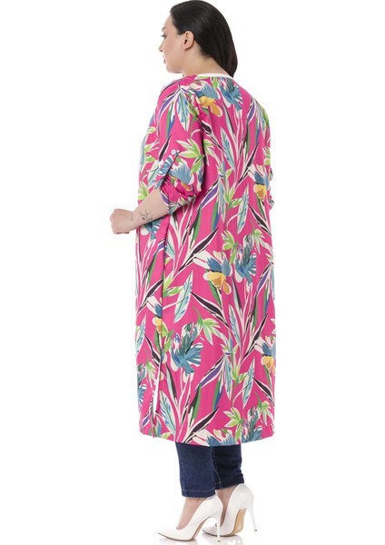 Büyük Beden Yuvarlak Yaka Katlamalı Kollu Yanları Yırtmaçlı Cepli Astarsız Fuşya Kadın Ceket fırsatları