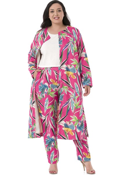 Büyük Beden Yuvarlak Yaka Katlamalı Kollu Yanları Yırtmaçlı Cepli Astarsız Fuşya Kadın Ceket indirimleri