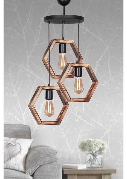 Kahverengi Ahşap 3lü Hexagon Avize