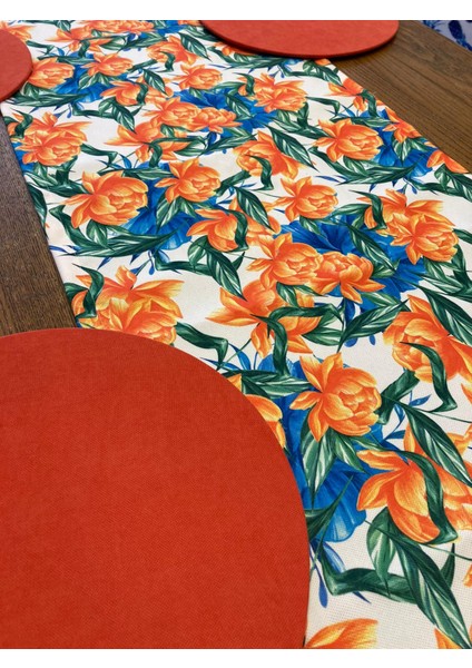 Tuğçe Demir Home Desıgn Turuncu Mavi Çiçek Desen Runner Supla Takım fiyatları