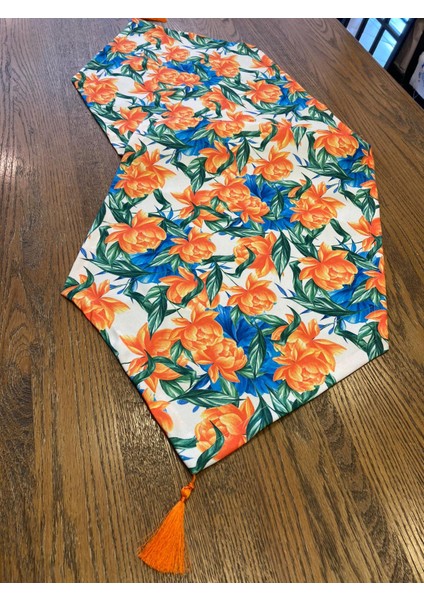 Tuğçe Demir Home Desıgn Turuncu Mavi Çiçek Desen Runner Supla Takım fırsatları