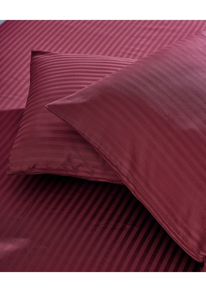 Çizgili Pamuk Saten Yastık Kılıfı / Bordo (2 Adet)