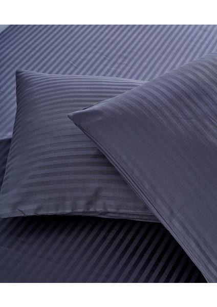 Çizgili Pamuk Saten Yastık Kılıfı / Antrasit (2 Adet)