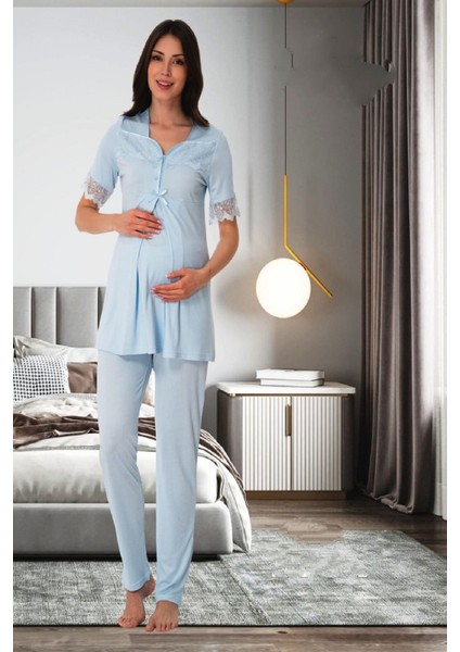 Mavi Dantelli Hamile Lohusa Pijama Takımı