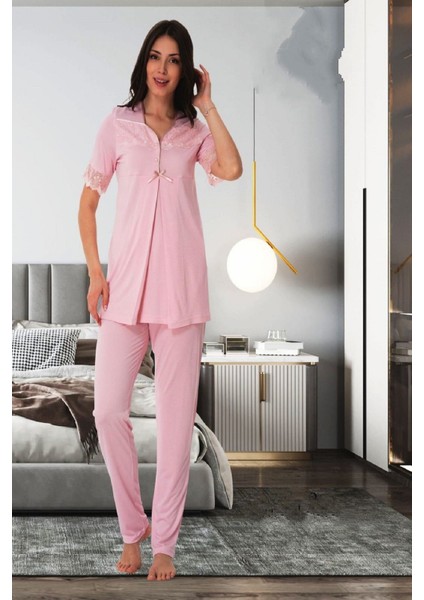 Pembe Dantelli Hamile Lohusa Pijama Takımı