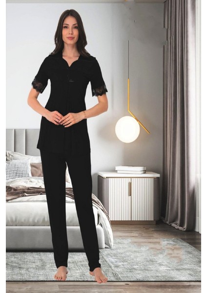 Siyah Dantelli Hamile Lohusa Pijama Takımı