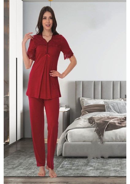 Vişne Dantelli Hamile Lohusa Pijama Takımı