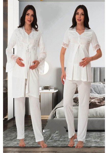 Ekru Sabahlıklı Hamile Lohusa Pijama Takımı