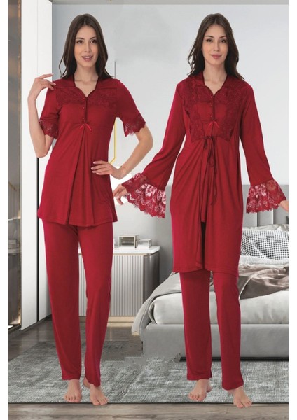 Vişne Sabahlıklı Hamile Lohusa Pijama Takımı