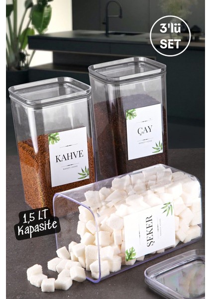 Dekoratif Kare 1,5 Lt Vakum Kapaklı 3'lü Set Çay, Şeker ve Kahve Saklama Kutusu