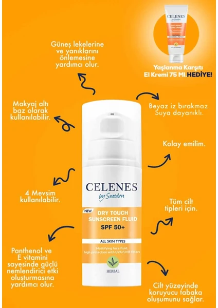 Celenes Dry Touch Güneş Koruyucu 50 Spf 50 ml + Celenes El Kremi 75 ml