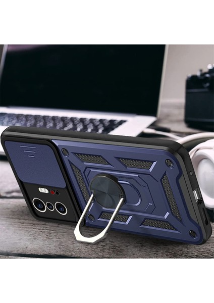 Xiaomi Mi 11T 5g Kılıf Sert Silikon Tank Aramid Sürgülü Vega Yüzüklü Lacivert